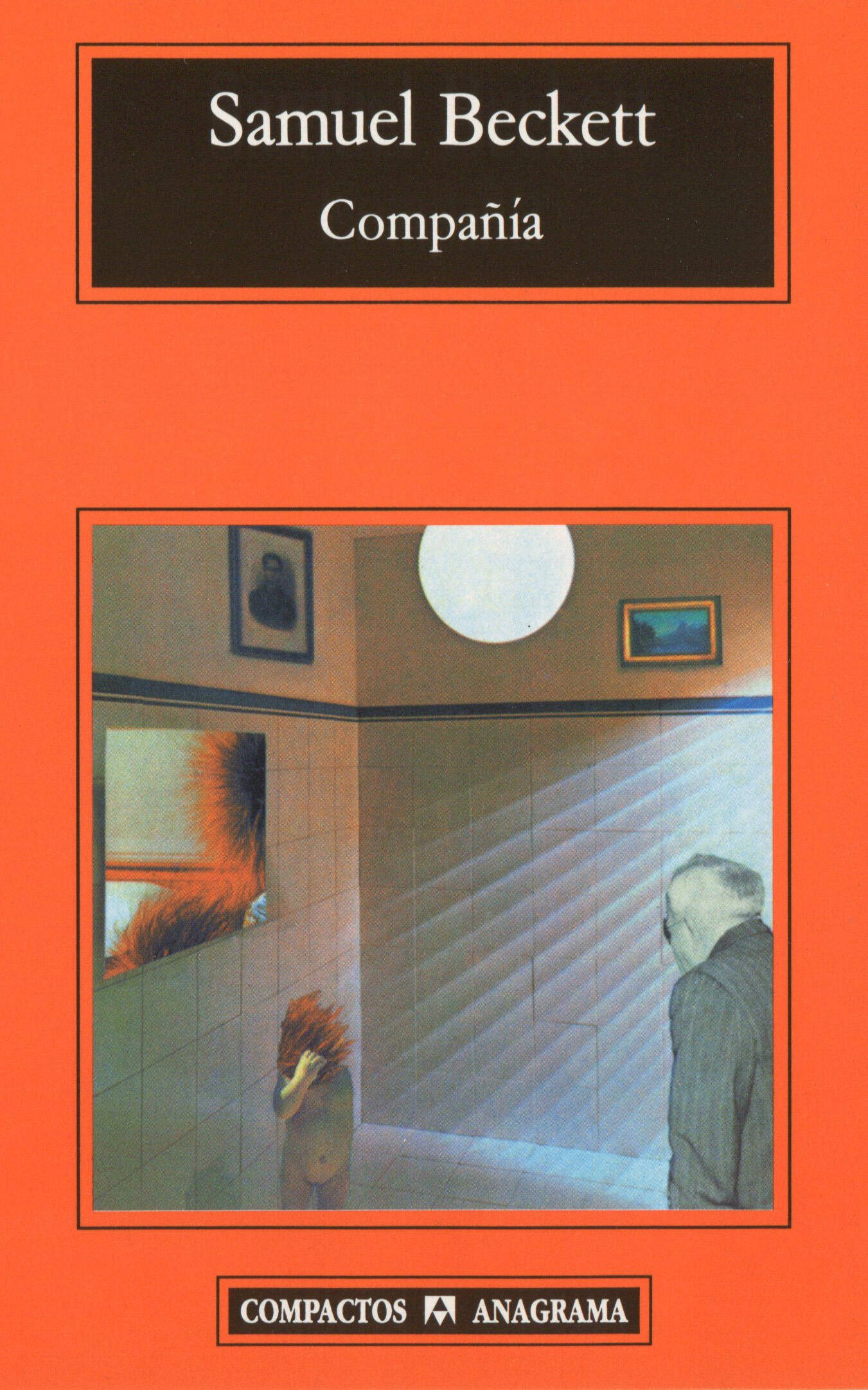 Portada del libro «Compañía», de Samuel Beckett. Muestra una habitación surrealista y tenuemente iluminada con una figura mirando a un animal. El tono es misterioso e introspectivo.