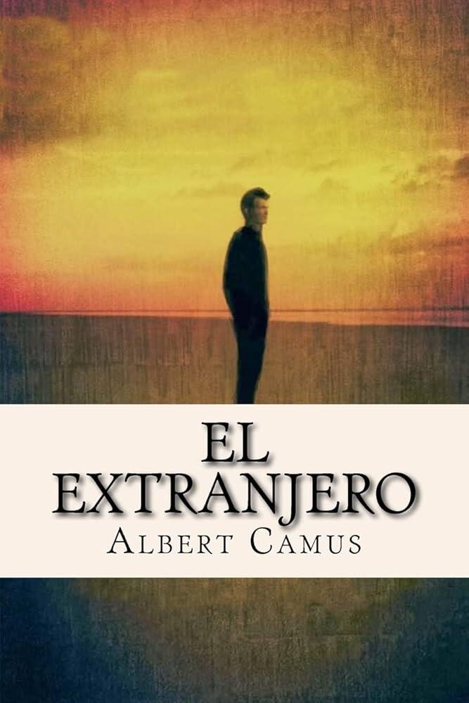 Portada de «El Extranjero», de Albert Camus. Una figura solitaria se encuentra de pie en una playa al atardecer, creando una atmósfera contemplativa y sombría.