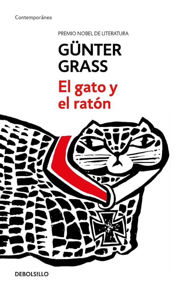Portada ilustrada con audacia para «El gato y el ratón», de Günter Grass, en la que aparece un gato estilizado en blanco y negro con un collar rojo y negro y una medalla.