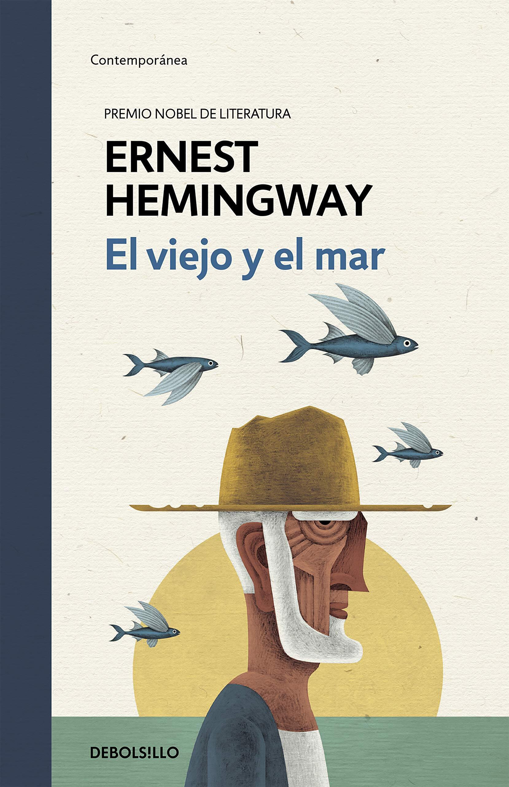 Ilustración estilizada de un pescador anciano de perfil, con un sombrero de paja. A su alrededor, peces voladores sobre un fondo de sol y mar. Título del libro: «El viejo y el mar», de Ernest Hemingway.