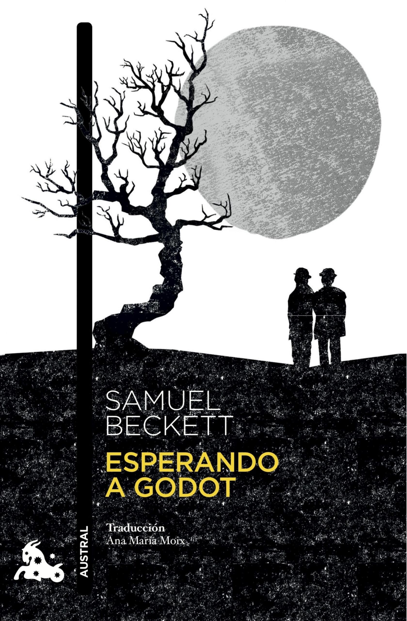 Portada de «Esperando a Godot», de Samuel Beckett. Dos siluetas se recortan cerca de un árbol desnudo bajo una gran luna gris. El ambiente es sombrío y contemplativo.
