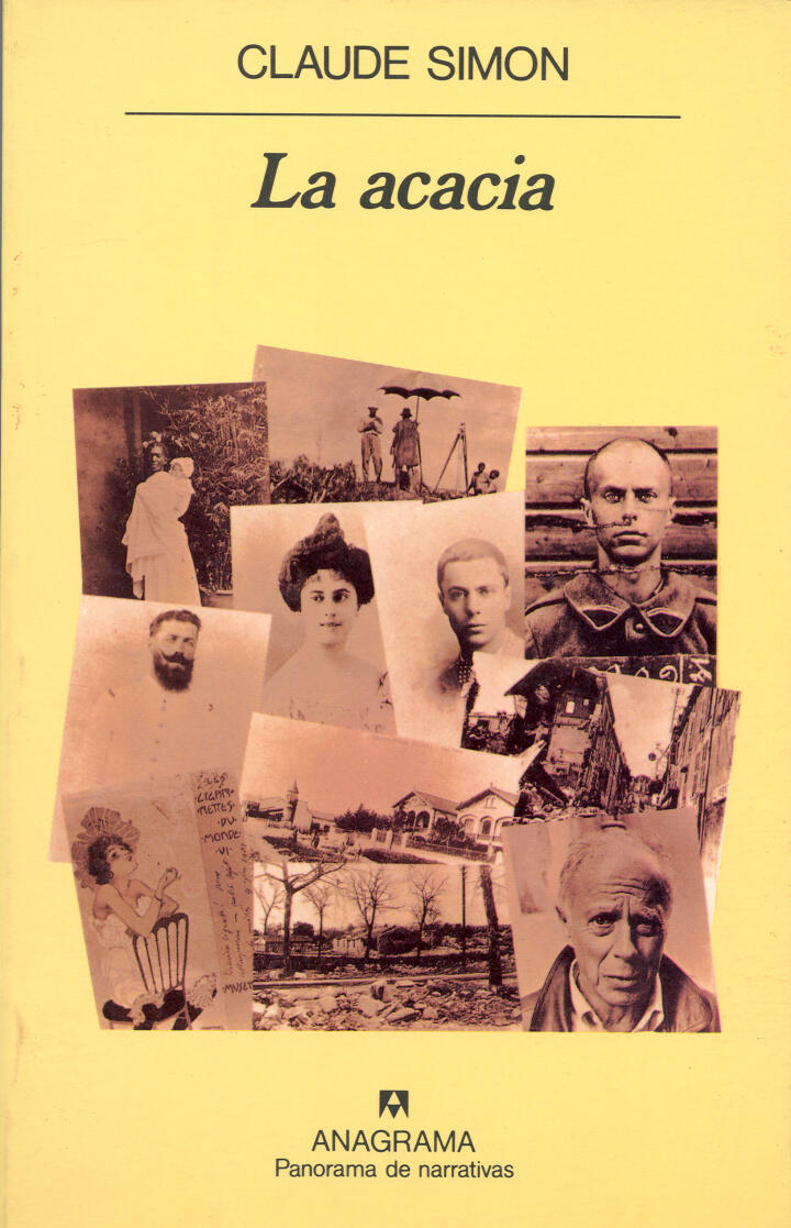 Portada de «La Acacia», de Claude Simon, con un collage de fotografías antiguas en tonos sepia, entre las que se incluyen retratos y un paisaje, sobre un fondo amarillo.