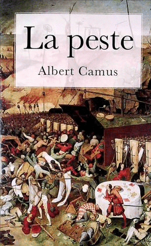Portada de «La peste», de Albert Camus, que representa una caótica escena medieval con personas sufriendo y muriendo. El tono es oscuro y sombrío, reflejando la desesperación.