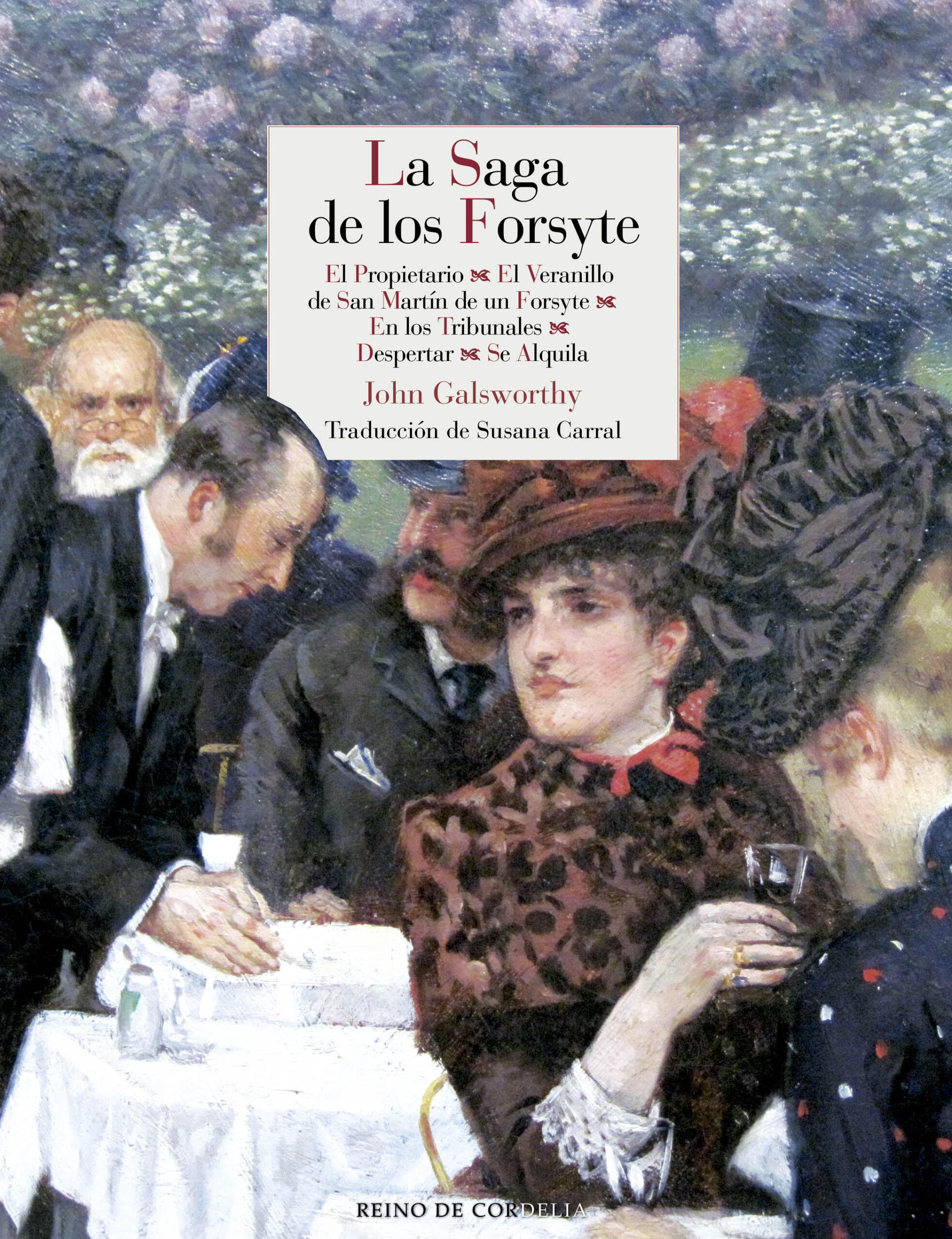 Portada de «La saga de los Forsyte», de John Galsworthy. Muestra una pintura de estilo impresionista de personas en una reunión social, con una mujer con sombrero y capa de piel en primer plano, sosteniendo una copa, lo que transmite una atmósfera elegante y vintage.