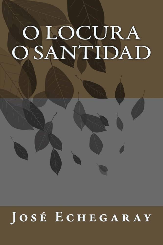 La cubierta del libro, de color marrón y gris, presenta hojas superpuestas y un texto en blanco en negrita que dice «O Locura O Santidad». El tono es contemplativo e intelectual.