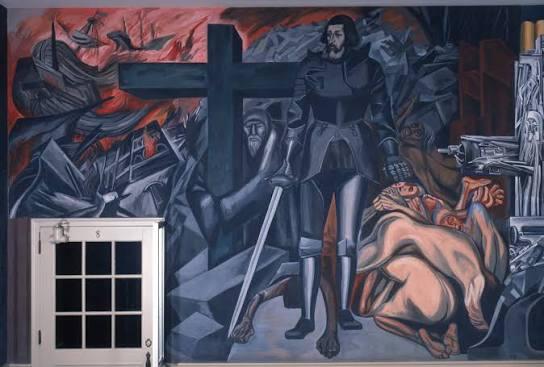 Un mural de gran impacto representa a un guerrero con una espada junto a una gran cruz, rodeado de figuras angustiadas y con un fondo caótico. El tono es intenso y sombrío.