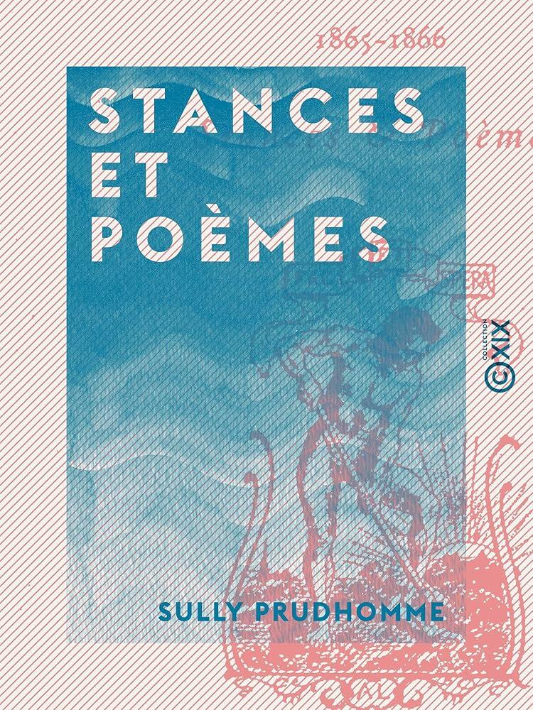 Portada de «Stances et Poèmes», de Sully Prudhomme. Presenta un texto en azul intenso sobre un fondo texturizado con diseños rojos ornamentados y líneas diagonales.