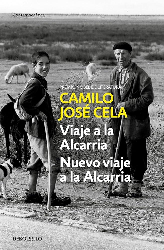 Portada en blanco y negro que muestra a un niño sonriente y a un hombre mayor con bastones. En el fondo pastan ovejas. Texto: «Camilo José Cela, Viaje a la Alcarria, Nuevo viaje a la Alcarria».