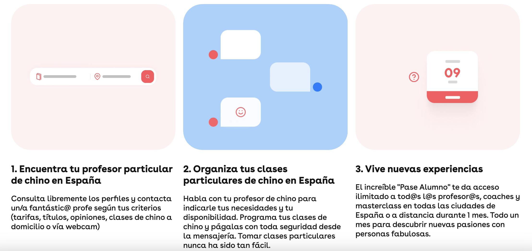 Gráfico con iconos y texto en español sobre cómo encontrar tutores, organizar clases y experimentar cosas nuevas.