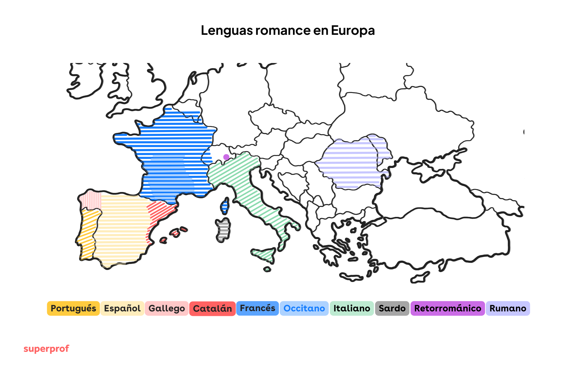 Mapa de Europa en el que se destacan las regiones de lenguas románicas con motivos y etiquetas multicolores.