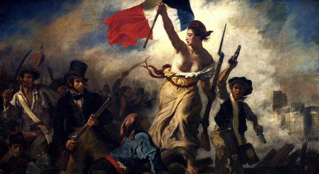Una mujer, símbolo de la libertad, lidera a un grupo heterogéneo en la batalla, sosteniendo una bandera francesa. La escena es dinámica y llena de energía, y evoca el fervor revolucionario.