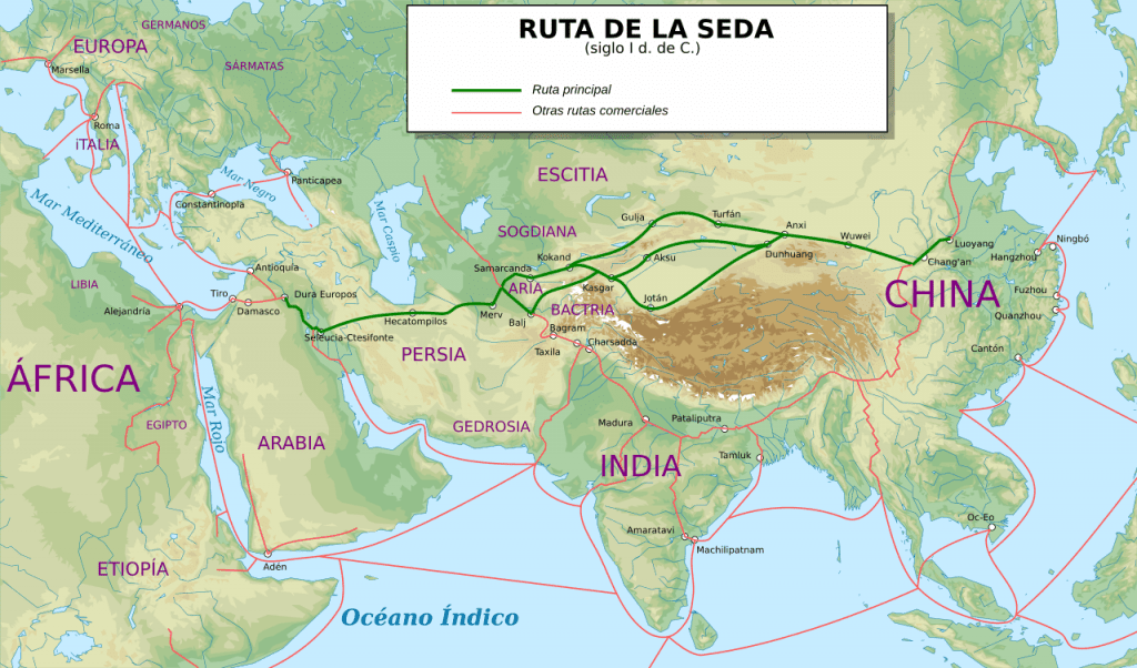 Mapa que ilustra la Ruta de la Seda en el siglo I d. C., en el que se destacan en verde y rojo las rutas comerciales principales y otras rutas, que se extienden desde Europa hasta China.