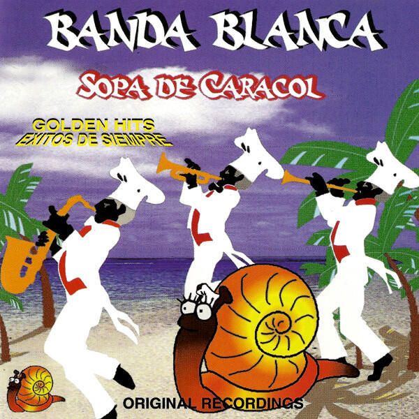 Portada del álbum «Sopa de Caracol» de Banda Blanca. Unos chefs de dibujos animados tocan instrumentos en una playa con palmeras y una gran concha de caracol, lo que transmite un ambiente animado y tropical.