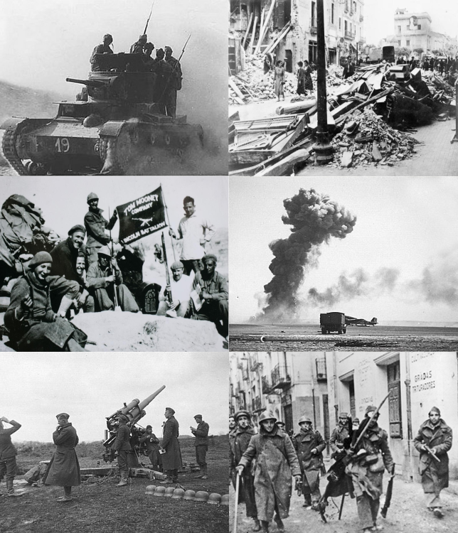 Collage de seis escenas bélicas históricas: soldados sobre un tanque, una calle devastada, tropas con una pancarta, una explosión junto a un avión, hombres junto a un cañón de artillería y soldados en marcha.