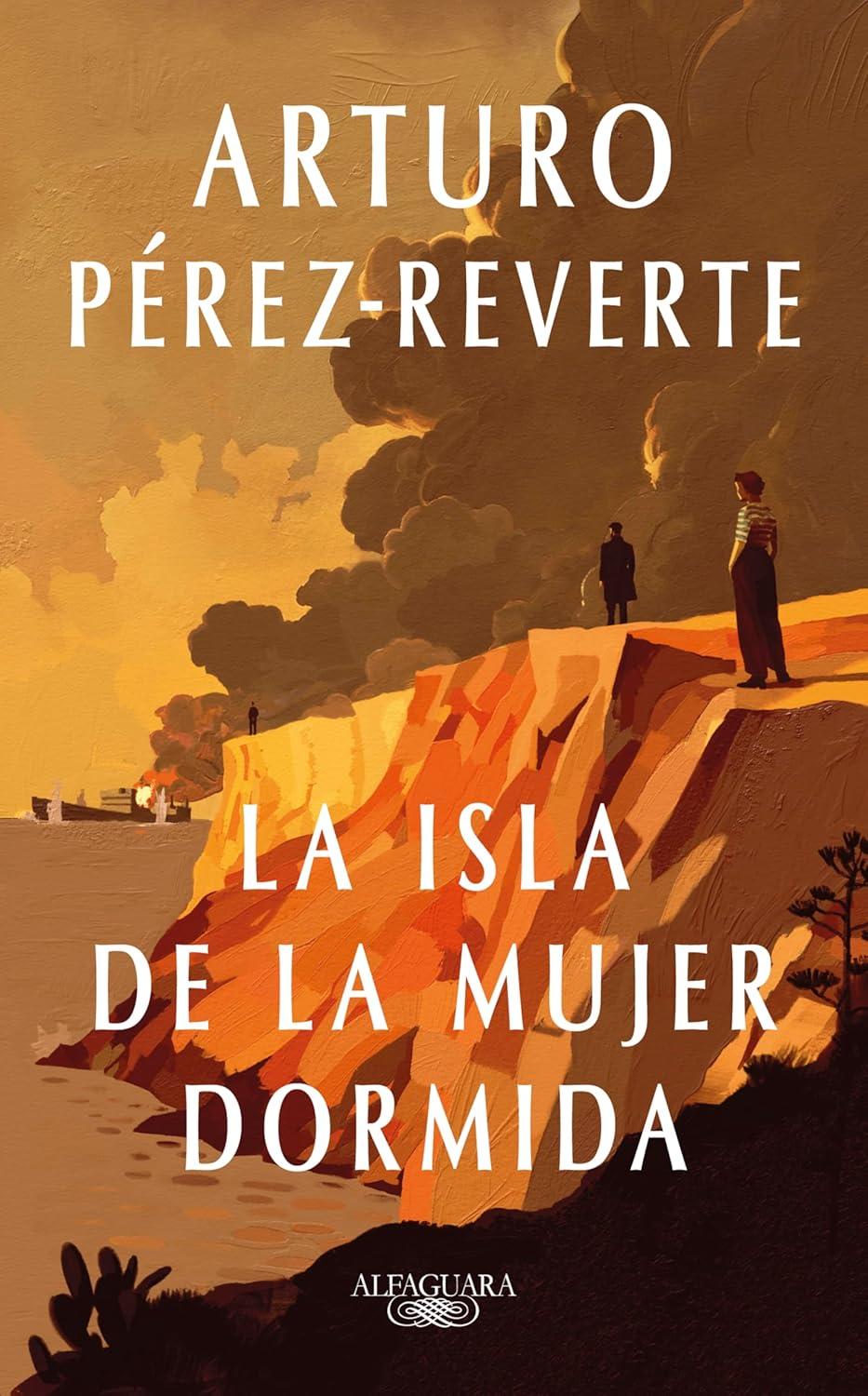 Portada de libro con la silueta de dos personas en un acantilado al atardecer, titulado «Arturo Pérez-Reverte, La Isla de la Mujer Dormida».