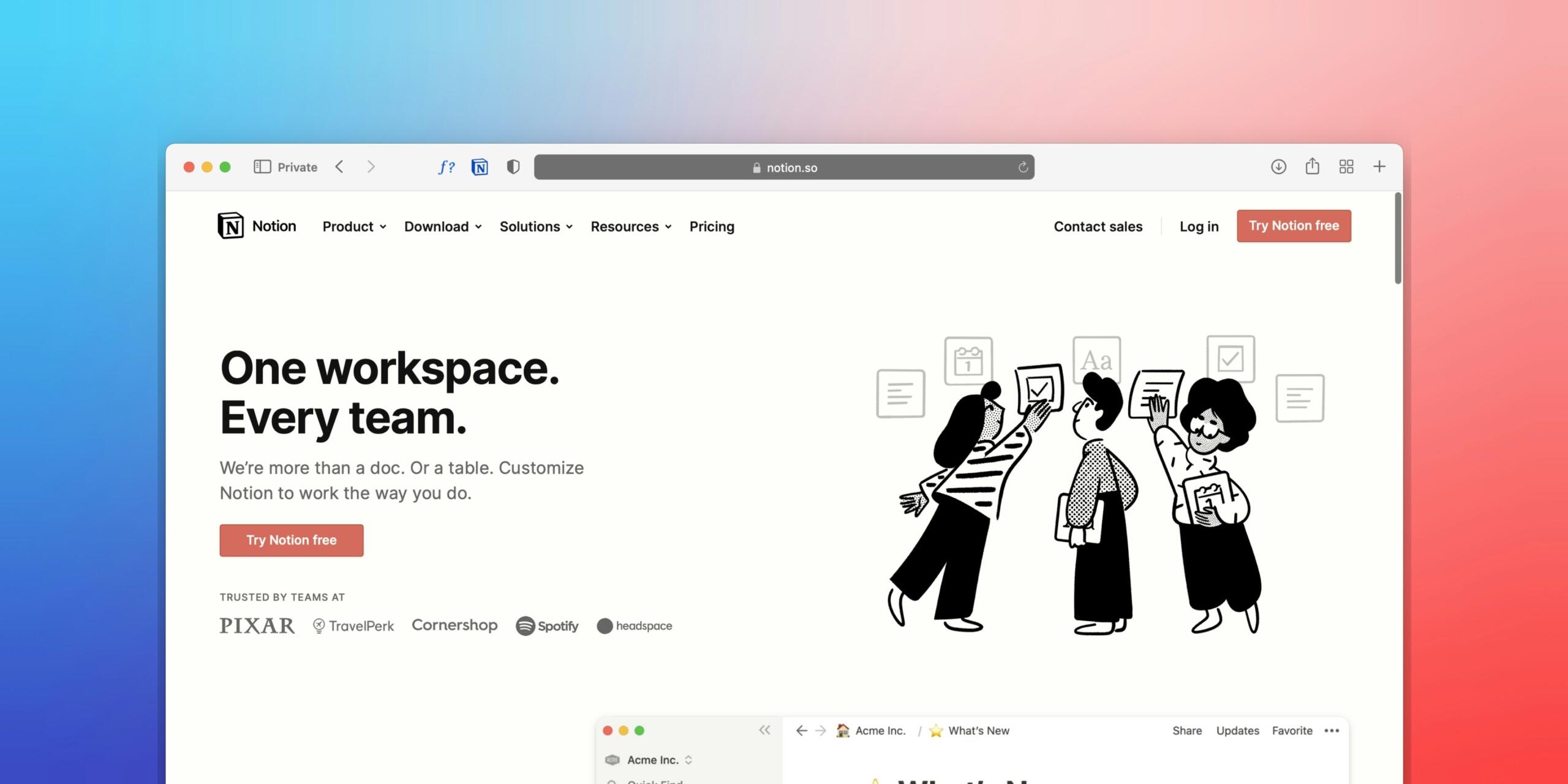 Captura de pantalla de la página de inicio de Notion con el titular «Un espacio de trabajo. Cada equipo» y figuras estilizadas.
