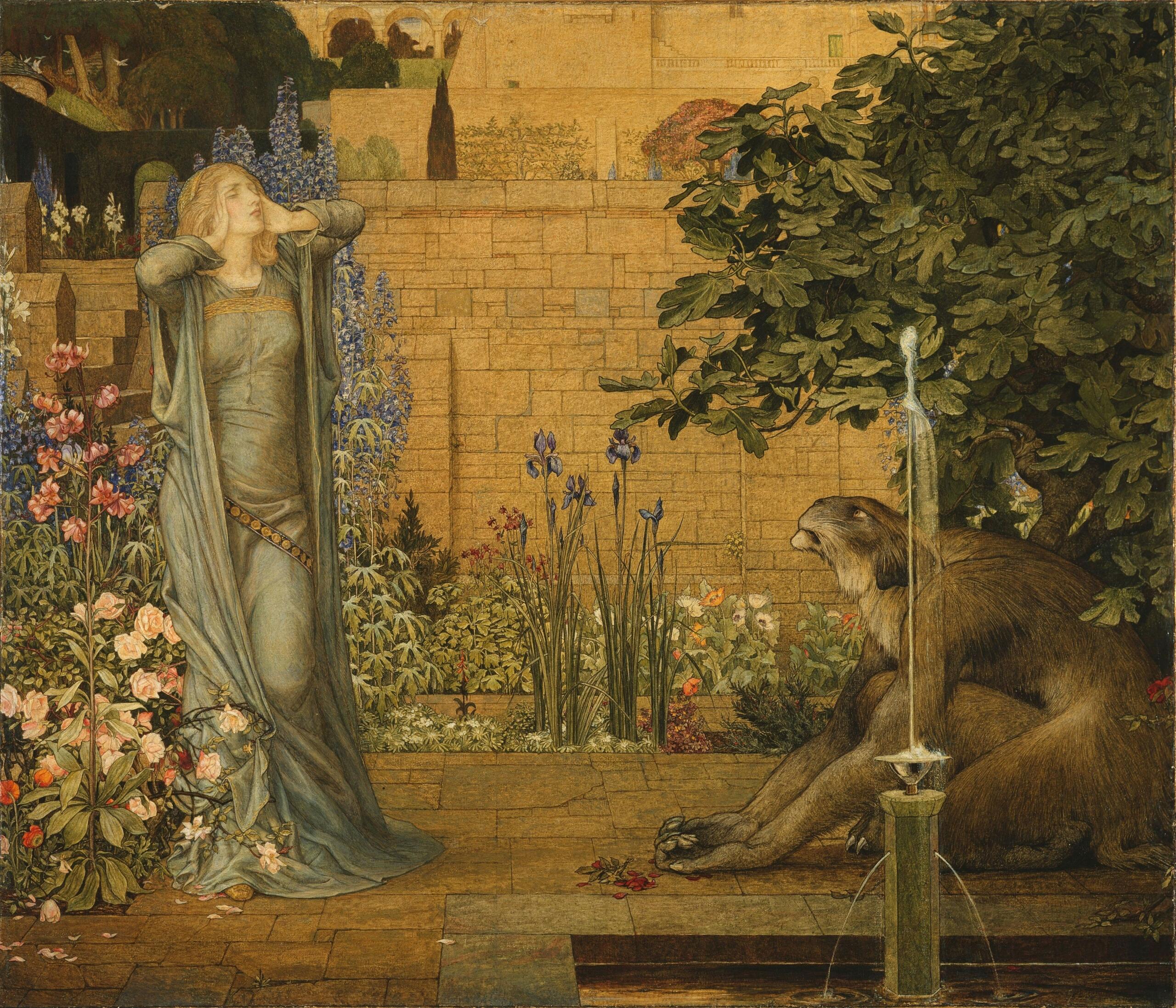 Una serena escena de jardín con flores exuberantes, una fuente y un oso descansando junto al agua, rodeado por un muro de piedra y vegetación. 