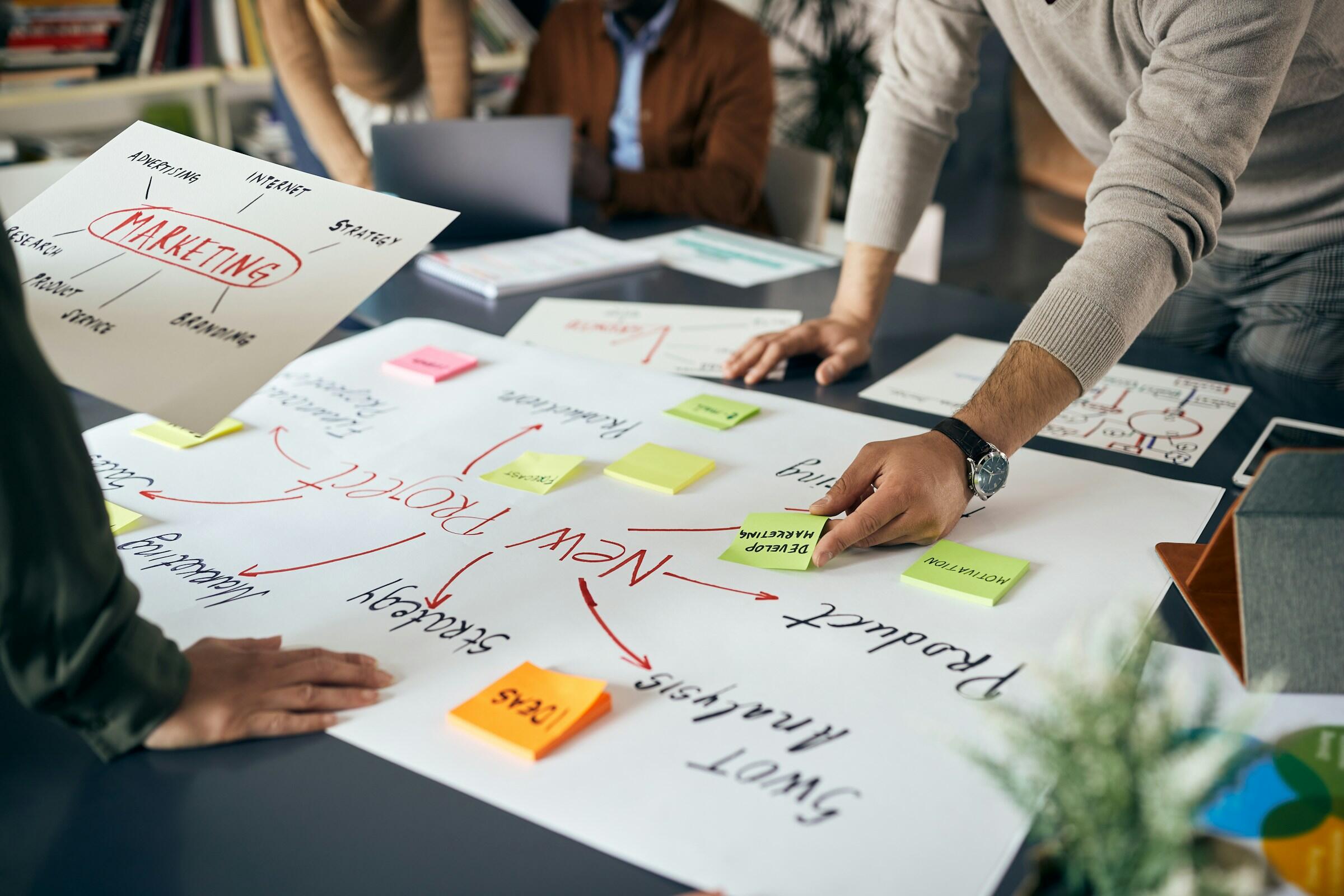 Profesionales colaborando en una mesa cubierta de notas sobre estrategias de marketing y coloridos blocs de notas adhesivas.