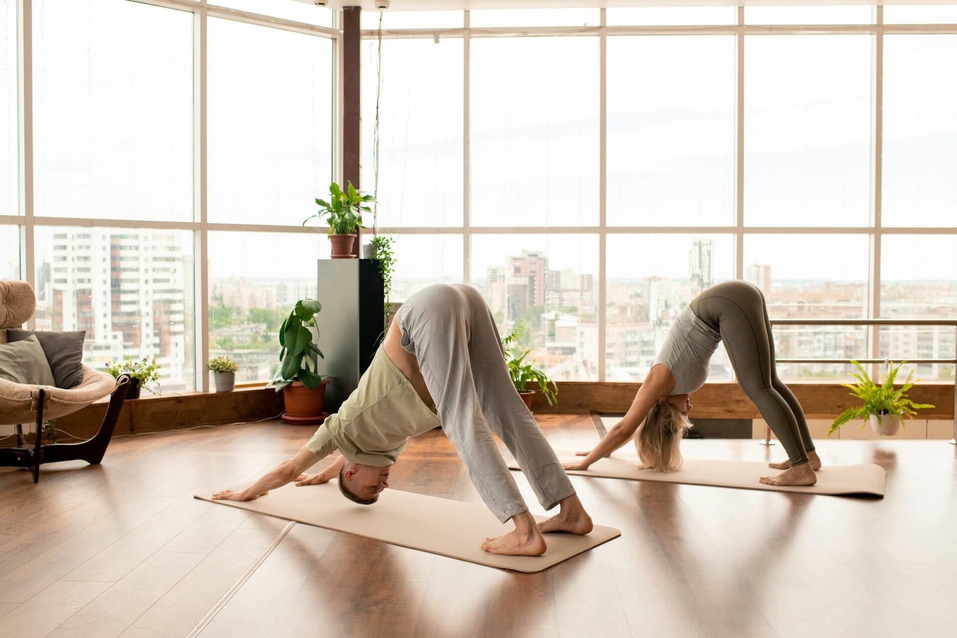 Dos personas practicando yoga en una habitación con grandes ventanales y plantas de interior.