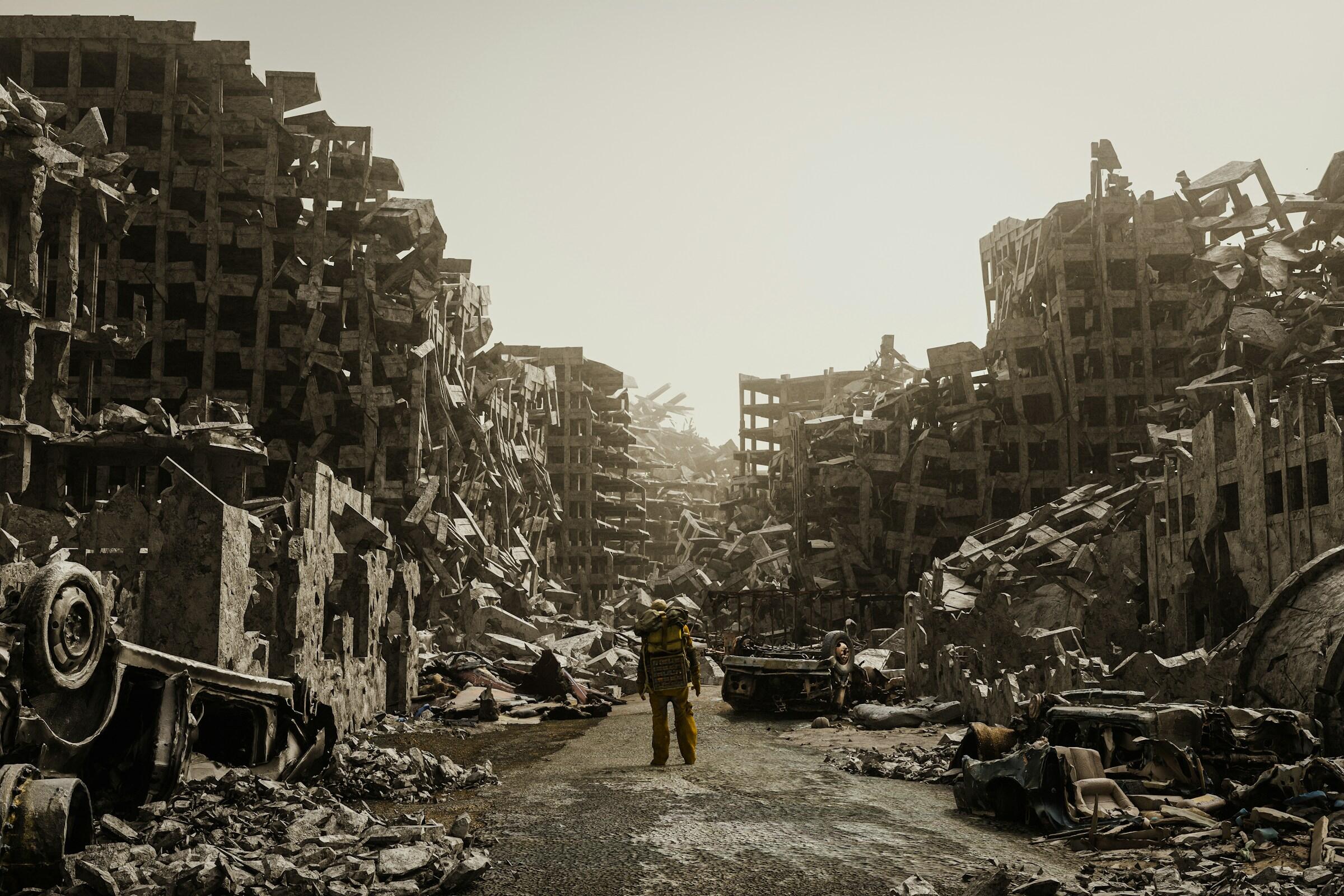 Una figura solitaria con un traje amarillo se alza entre las ruinas de edificios derruidos y escombros, evocando un paisaje postapocalíptico.