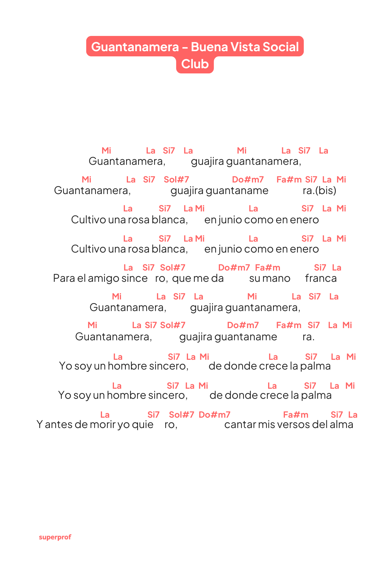 Letra de «Guantanamera» de Buena Vista Social Club, acompañada de notas musicales y acordes para cantar.