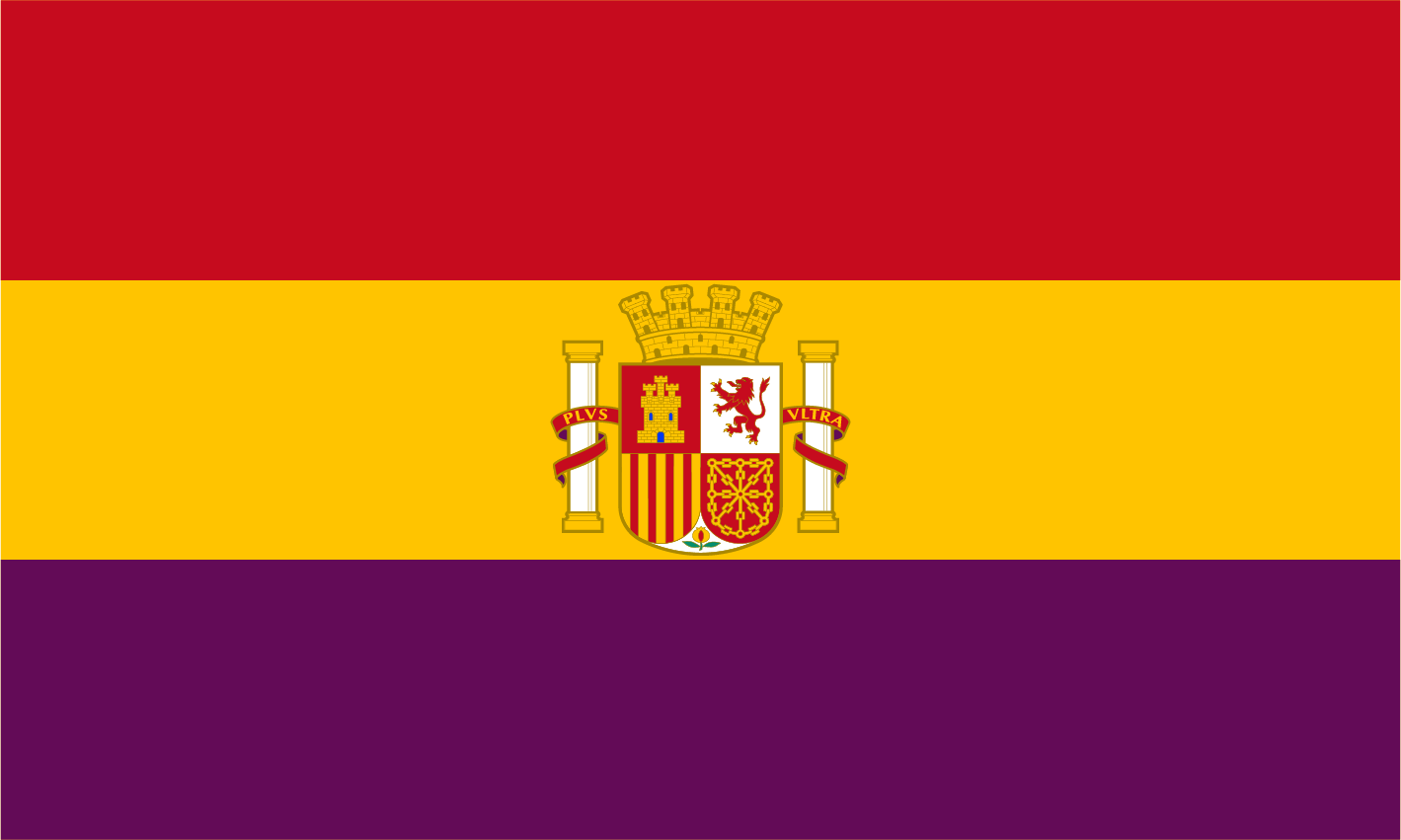 La bandera de España en la republica, con franjas horizontales rojas, amarillas y moradas, y un escudo central con un castillo, un león y un escudo.