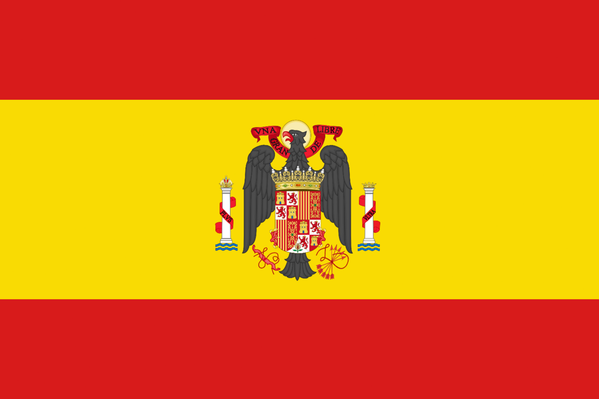 Bandera franquista de España a franjas rojas y amarillas, con el escudo nacional en el centro, adornado con un águila y coronas.