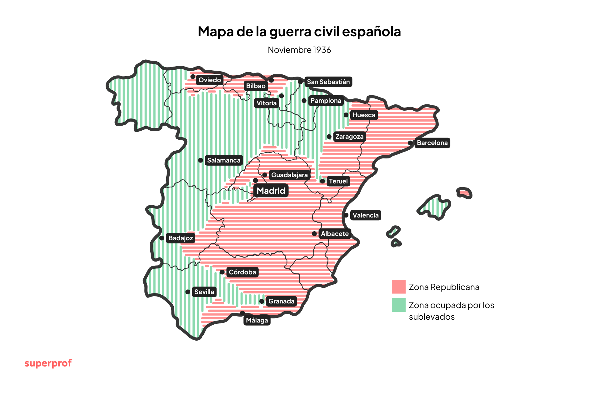 Mapa de la Guerra Civil Española (noviembre de 1936) que muestra las zonas republicanas en rojo y las áreas ocupadas por los rebeldes en verde en toda España.