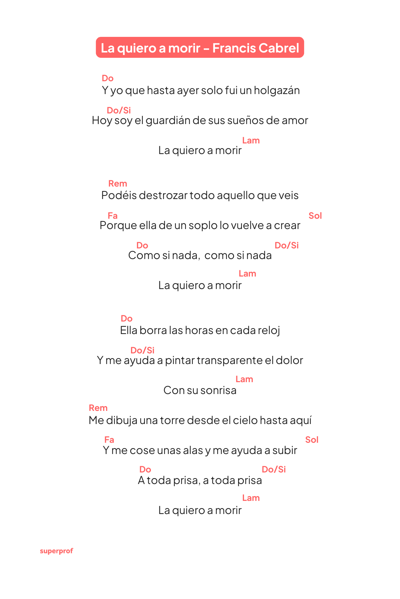 Partitura de «La quiero a morir» de Francis Cabrel, con letra y acordes de guitarra en español.