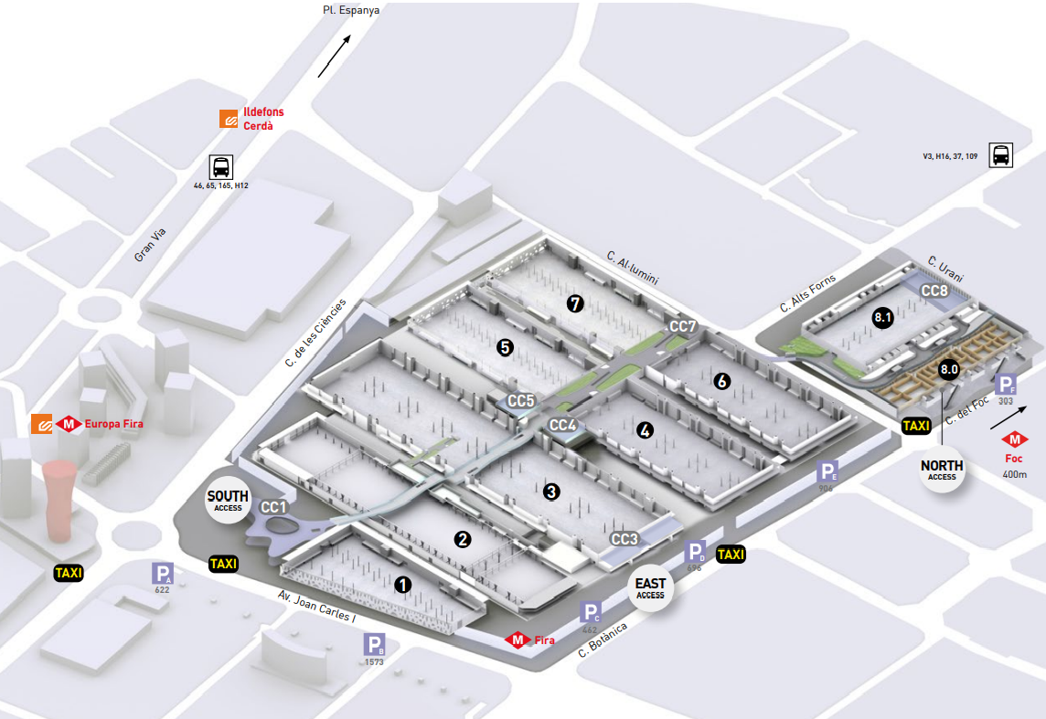 Plano de distribución de la Fira Europa, con accesos, aparcamientos y medios de transporte cercanos, con secciones numeradas.