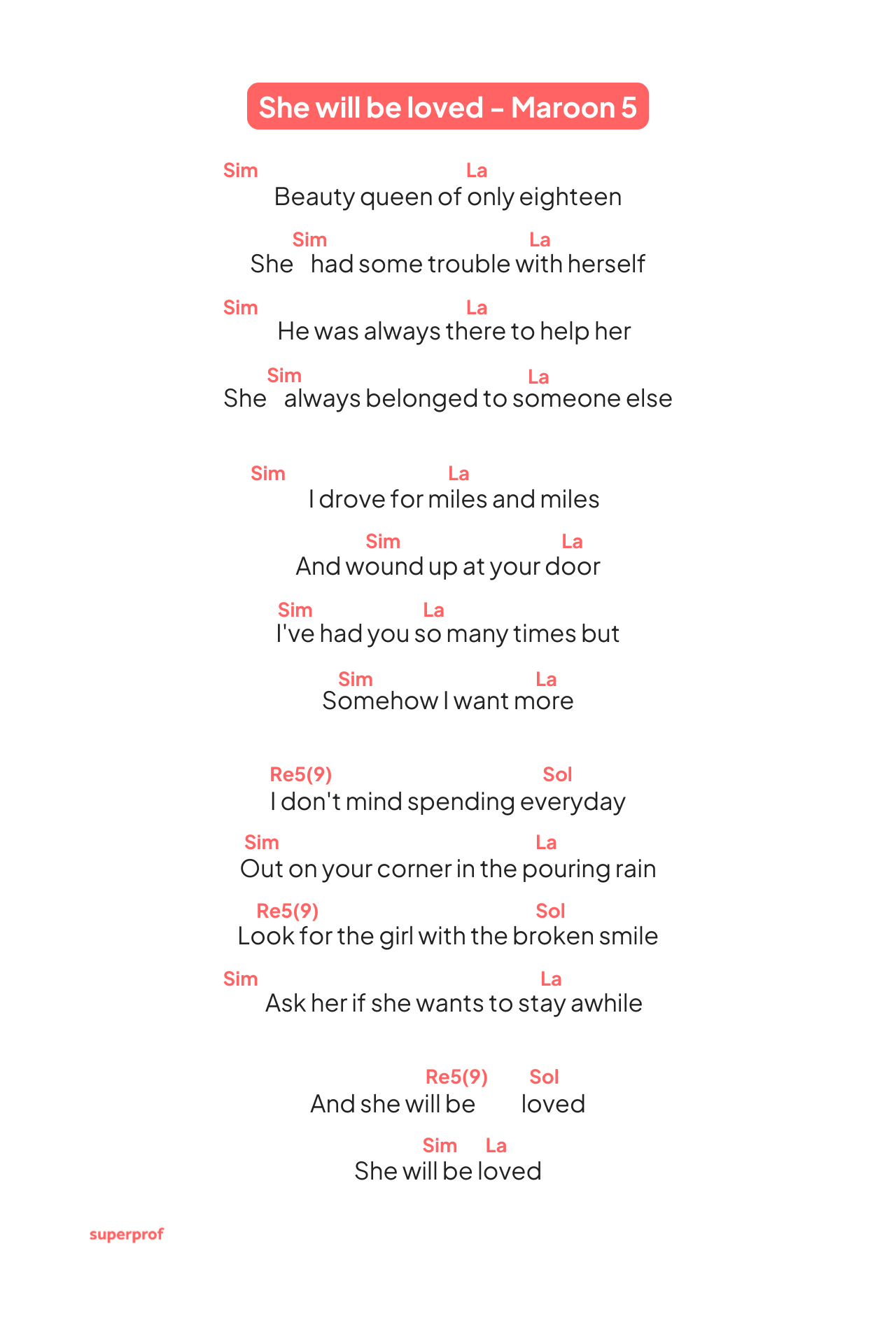 Letra de «She Will Be Loved» de Maroon 5, con temas de añoranza y amor no correspondido mostrados en un formato de texto estilizado.