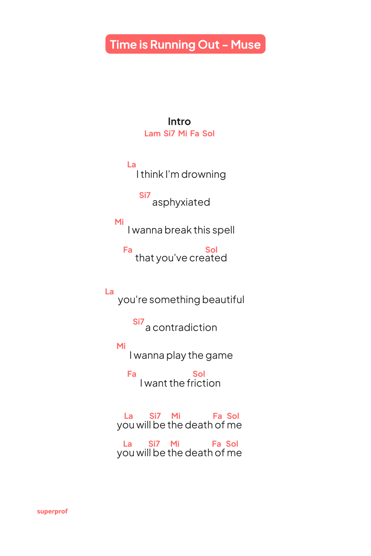 Fragmento de la letra de «Time is Running Out» de Muse, con acordes y expresiones de lucha emocional y deseo.