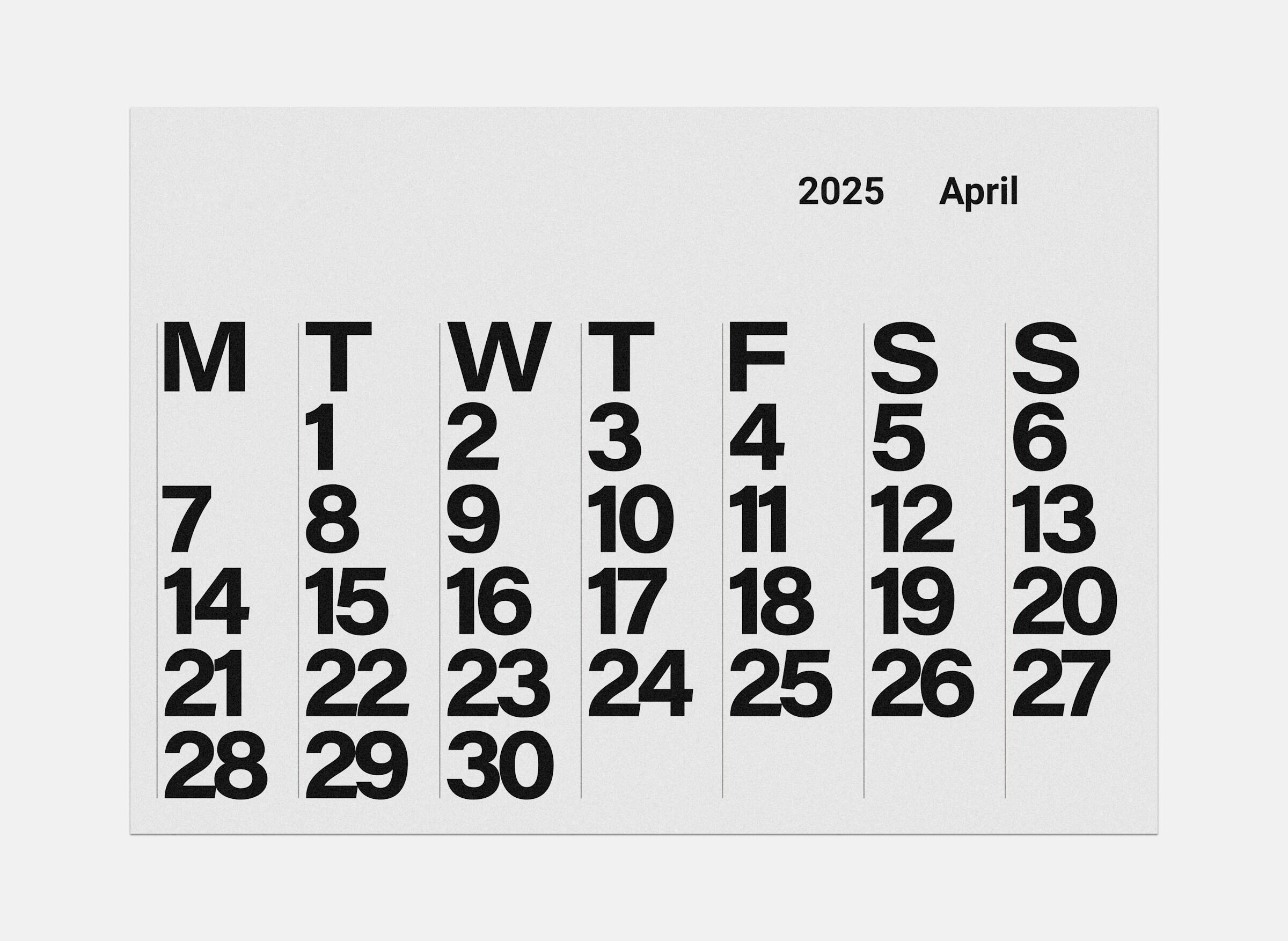 Un calendario minimalista para abril de 2025, con números negros para cada día y los días de la semana en mayúsculas.