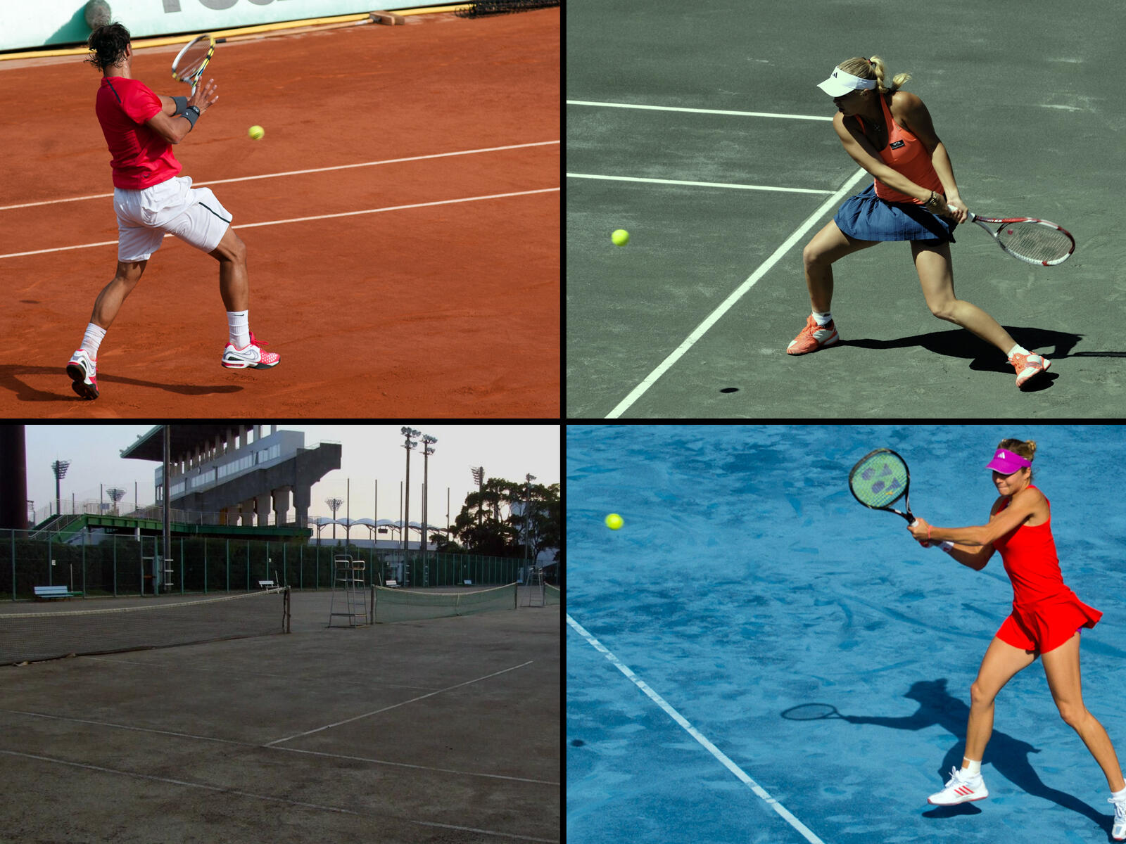 Cuatro escenas de tenis: un jugador en tierra batida, una mujer en acción en una pista, un estadio vacío y otro jugador en una pista azul.