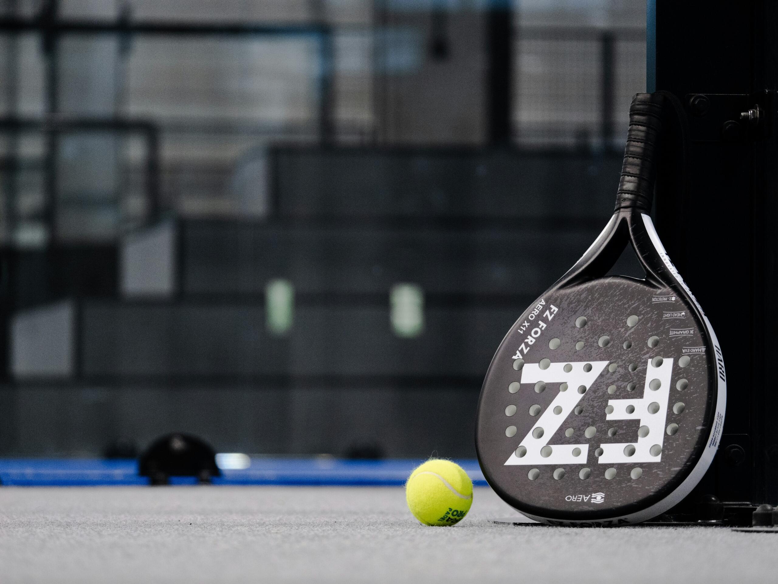 Una pala de pádel junto a una pelota.