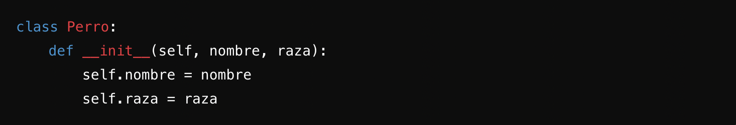 Fragmento de código que define una clase Python llamada «Perro» con un método inicializador para establecer el nombre y la raza del perro.