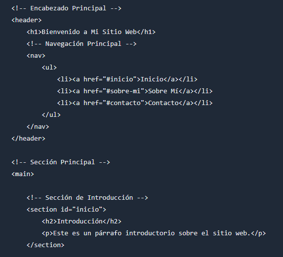 Fragmento de código HTML que muestra una cabecera de bienvenida y enlaces de navegación para «Inicio», «Sobre Mí» y «Contacto», con una sección introductoria.