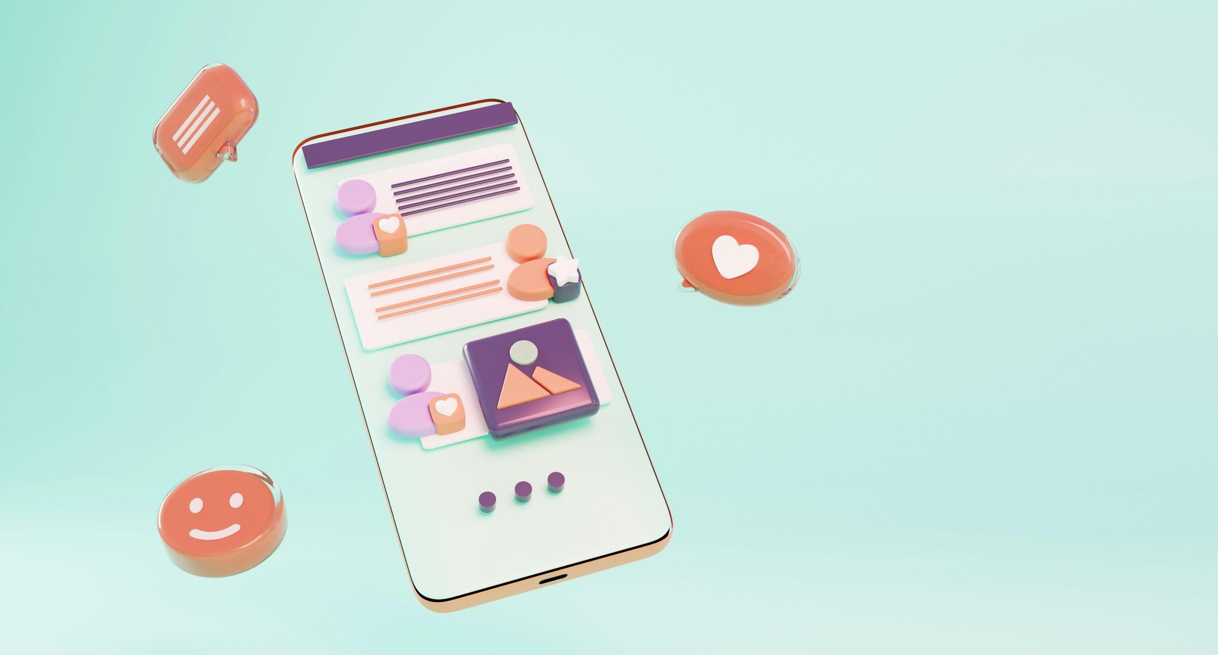 Un smartphone que muestra coloridos iconos y mensajes de redes sociales, sobre un fondo de color menta suave, que pone de relieve la comunicación digital.