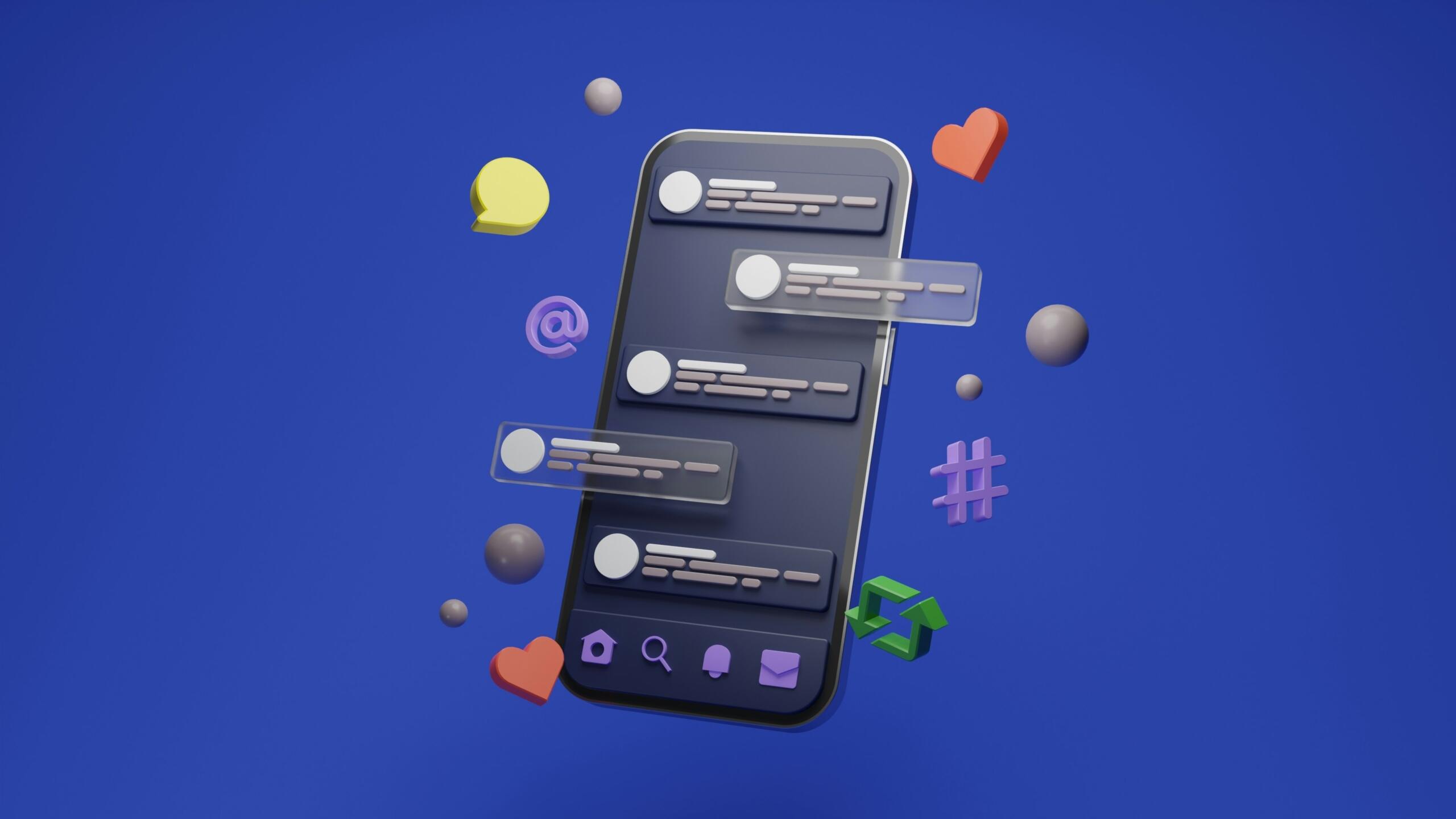 Un smartphone muestra notificaciones de mensajes rodeadas de coloridos iconos y símbolos de chat sobre un fondo azul intenso.