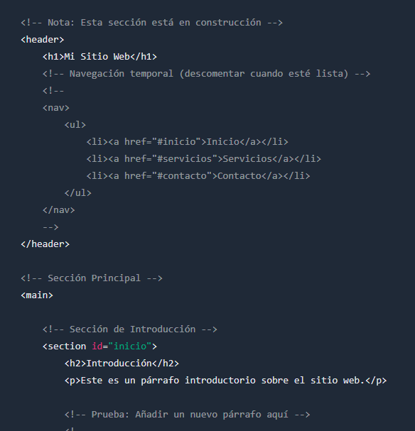 Fragmento de código que muestra una estructura HTML para una cabecera de sitio web y una sección principal con enlaces de navegación y un párrafo de introducción.
