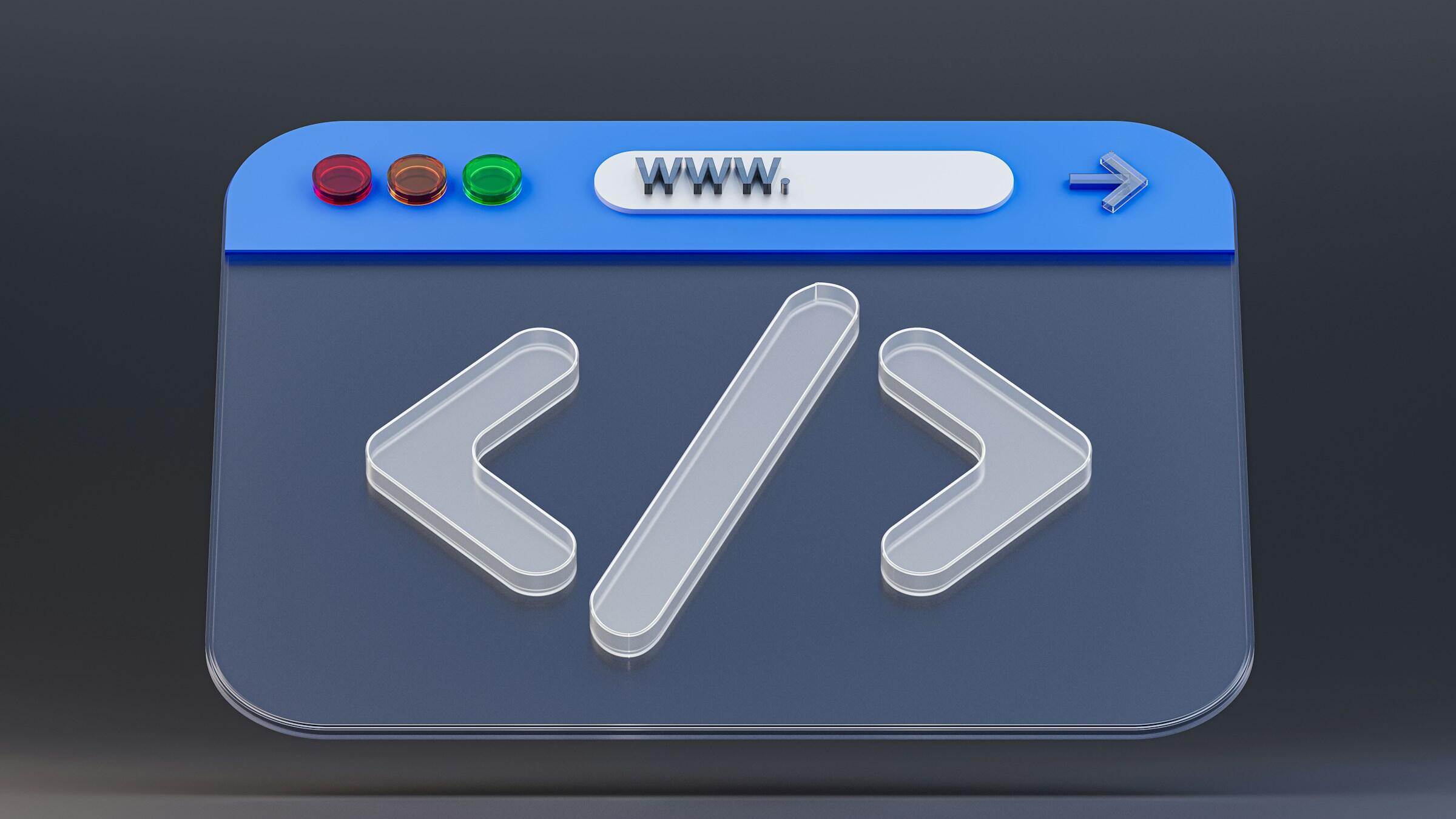 Gráfico estilizado de una ventana de navegador web con barra de URL, flechas de navegación y botones de colores, que representa el desarrollo web y la navegación en línea.