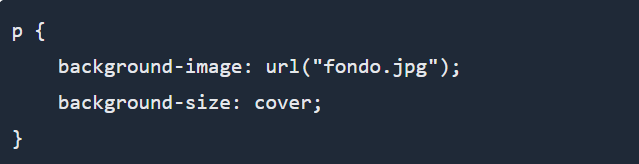 Fragmento de código CSS que muestra un estilo de párrafo con una imagen de fondo establecida en «fondo.jpg» y un tamaño de fondo de portada.