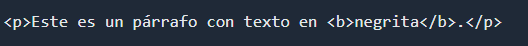 Código HTML que muestra un párrafo en español con texto en negrita destacando la palabra «negrita».