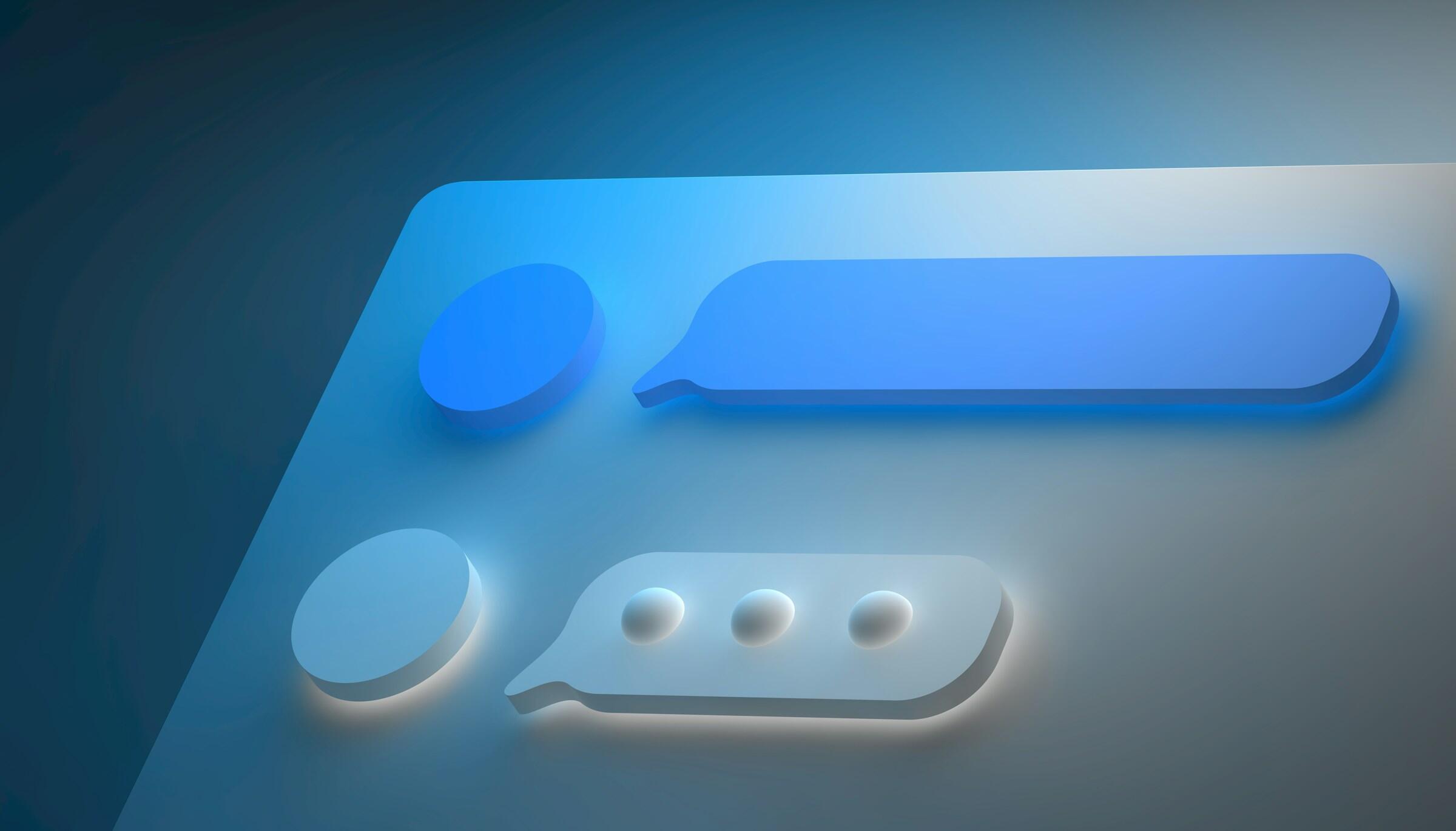 Diseño abstracto con burbujas de chat en azul y azul claro, sobre un fondo de suave degradado, que transmite temas de comunicación.