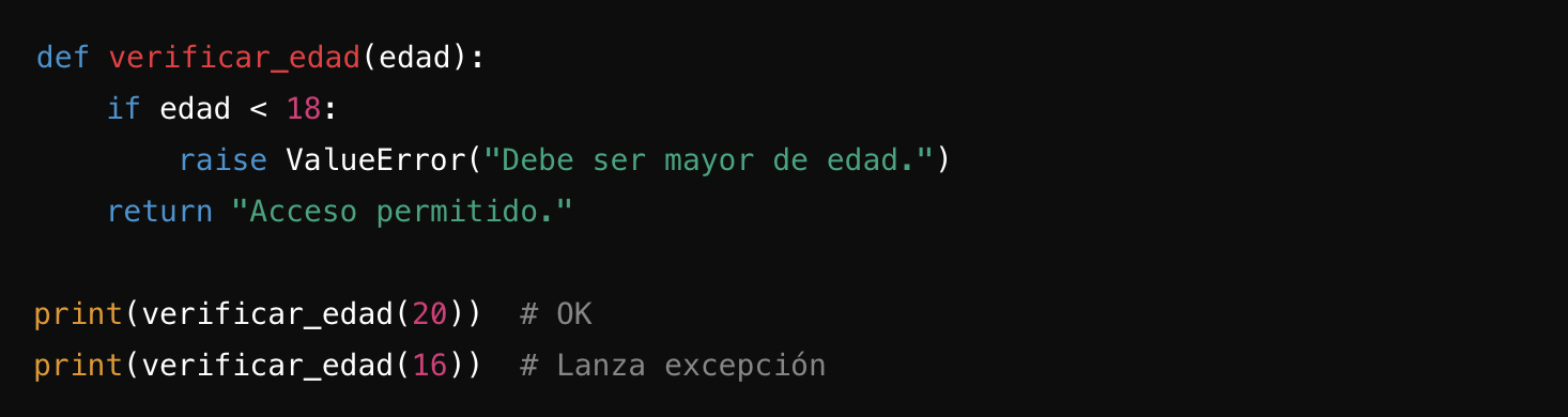 Fragmento de código que define una función para verificar la edad, permitiendo el acceso a mayores de 18 años y lanzando una excepción para usuarios más jóvenes.