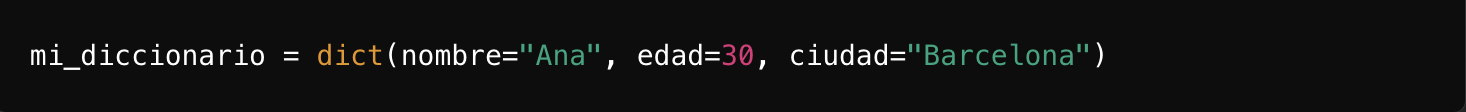 Fragmento de código que muestra la creación de un diccionario en Python con claves: nombre, edad y ciudad, valores asignados para una persona llamada Ana.