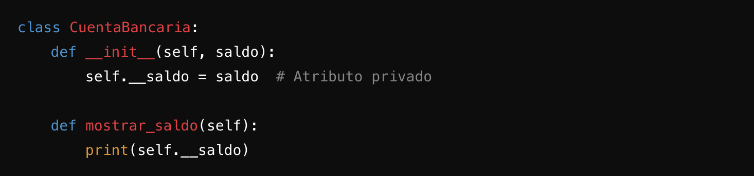 Fragmento de código que muestra una clase Python `CuentaBancaria` con un atributo privado para el saldo y un método para mostrarlo.