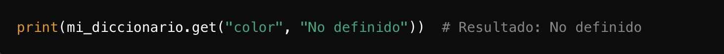 Fragmento de código que muestra un comando de impresión de Python que recupera un valor de un diccionario, con el valor predeterminado «No definido» si falta.