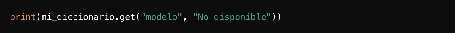 Fragmento de código que muestra una sentencia print de Python que recupera un valor de un diccionario, con el valor predeterminado «No disponible» si no se encuentra.