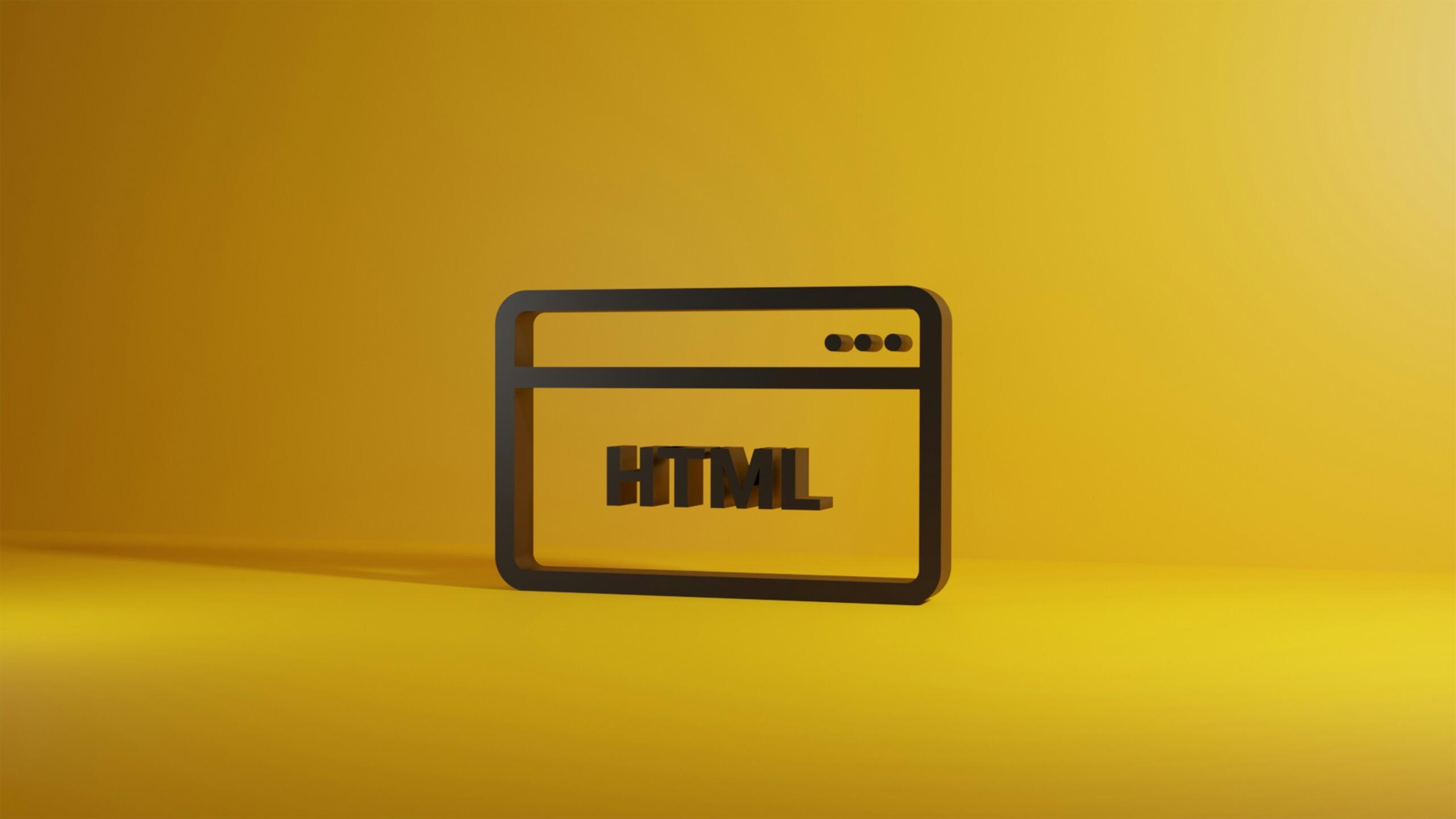 Contorno negro en 3D de una ventana de navegador web con «HTML» centrado en su interior, sobre un fondo amarillo vibrante.
